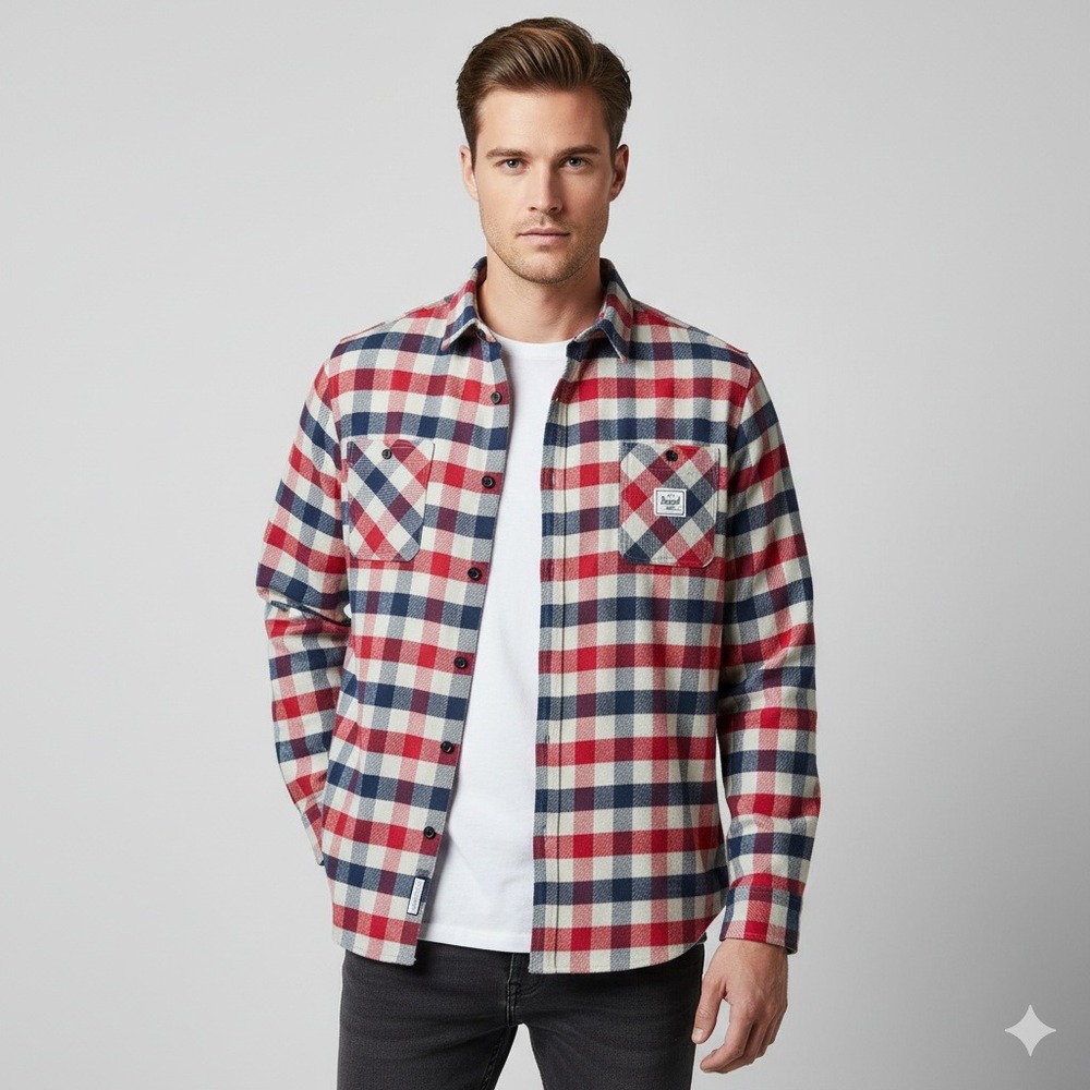 Herschel Supply Co. Men's Plaid‎ Flannel Long Sleeve Shirt XXL Red Blue Beige